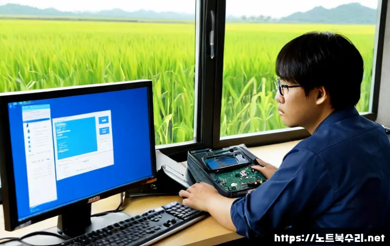 고삼면 KERNEL_DATA_INPAGE_ERROR - Photorealistic rural office workstation near Gosam-myeon, a worried IT technician examining a deskto...