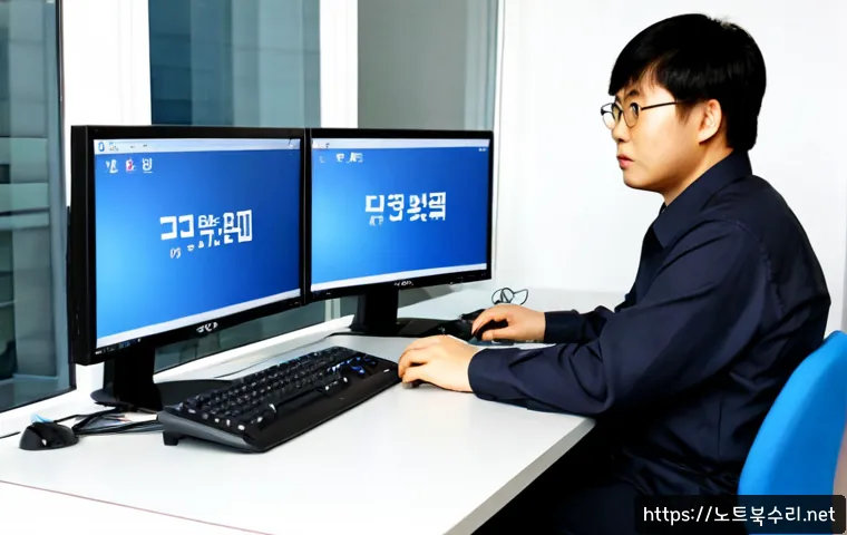 장당동 DEVICE_DRIVER_MISMATCH - Photorealistic remote-support workstation in Jangdang-dong, South Korea, a frustrated office technic...