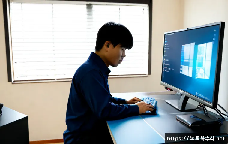 고촌읍 KERNEL_STACK_INPAGE_ERROR - Photorealistic IT support workstation in a quiet suburban Korean township office, dual monitors show...