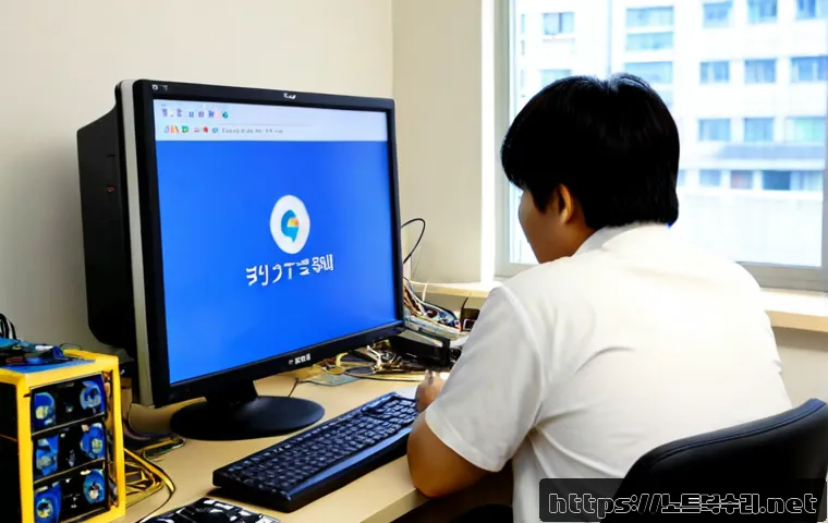 선화동 pc에 문제가 발생하여 다시 시작해야 합니다 - Photorealistic PC repair workstation in a compact Seonhwa-dong office, desktop monitor showing a bla...