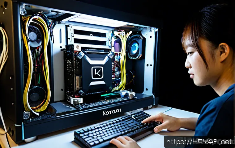 통의동 하드조립 및 교체수리 - Photorealistic desktop computer repair workstation in a compact Tongui-dong studio, technician caref...