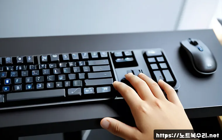 신창동 f4키 누르라고 할때 - Photorealistic remote-support workstation, close-up of a hand pressing the fourth key in the top fun...