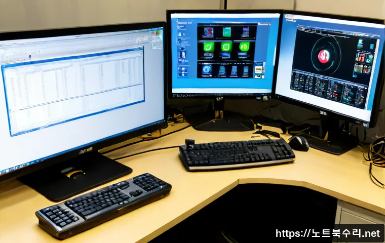중림동 STATUS_EXECUTION_TIMEOUT - Photorealistic remote-support workstation in a compact Jungnim-dong office near older low-rise Seoul...