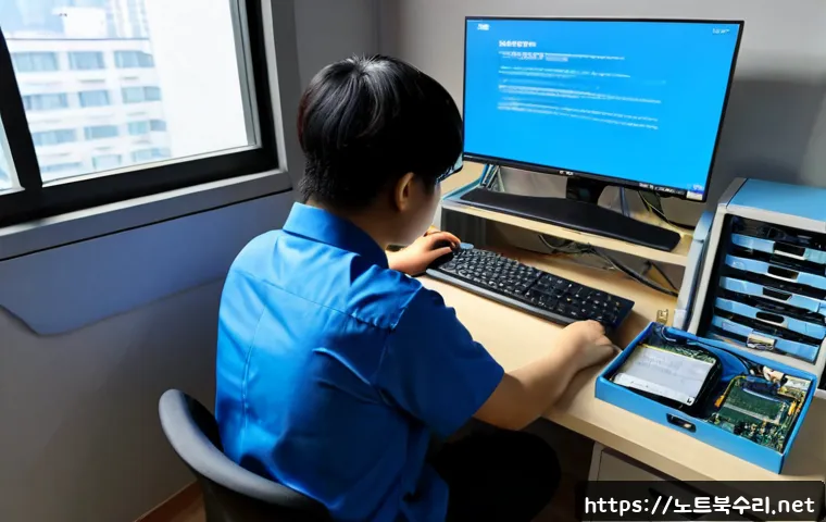 부림동 NTFS_FILE_SYSTEM - Photorealistic remote IT support workstation in a compact Burim-dong office, dual monitors showing a...