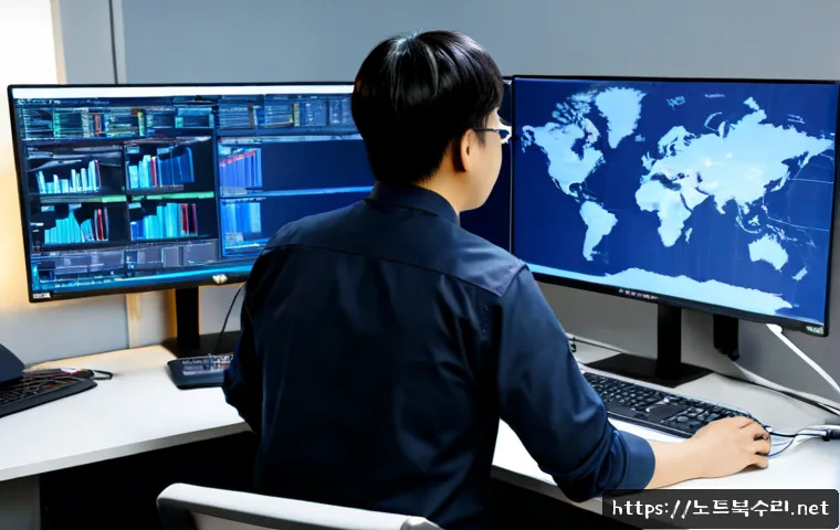 칠괴동 악성코드 바이러스 - Photorealistic cybersecurity workstation in a compact modern office near an industrial district, dua...