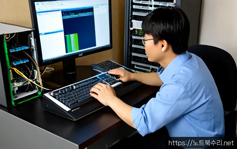 박달동 ftp서버출장방문수리점 - Photorealistic IT technician repairing a compact FTP server workstation in a small Bakdal-dong offic...