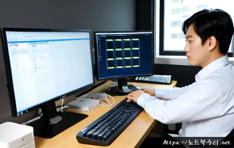 장록동 STATUS_RESOURCE_NOT_OWNED - Photorealistic IT support workstation in a compact Jangnok-dong office, dual monitors showing a blan...