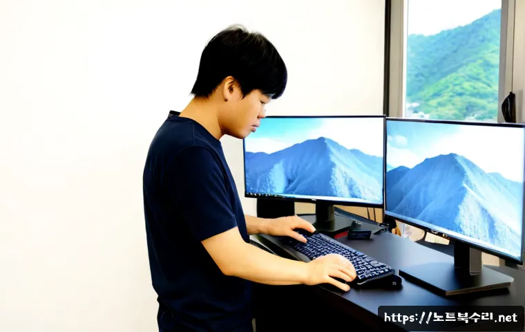 정릉동 조립컴퓨터 pc 출장판매설치 - Photorealistic compact PC showroom workstation in Jeongneung-dong, a technician assembling a powerfu...