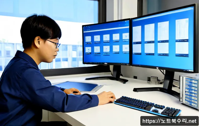 당정동 STATUS_KERNEL_MODE_EXCEPTION - Photorealistic IT support workstation in a compact Korean industrial-office setting, dual monitors s...