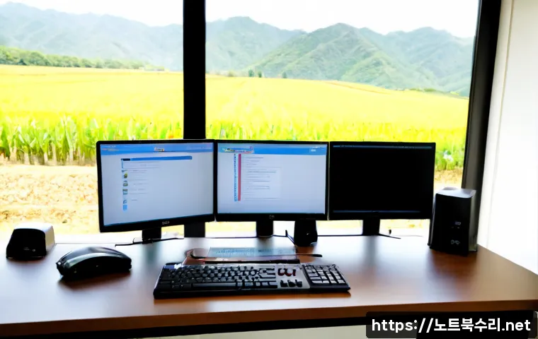 중부면 STATUS_KERNEL_ACCESS_DENIED - Photorealistic remote-support workstation in a quiet rural administrative office, dual monitors show...
