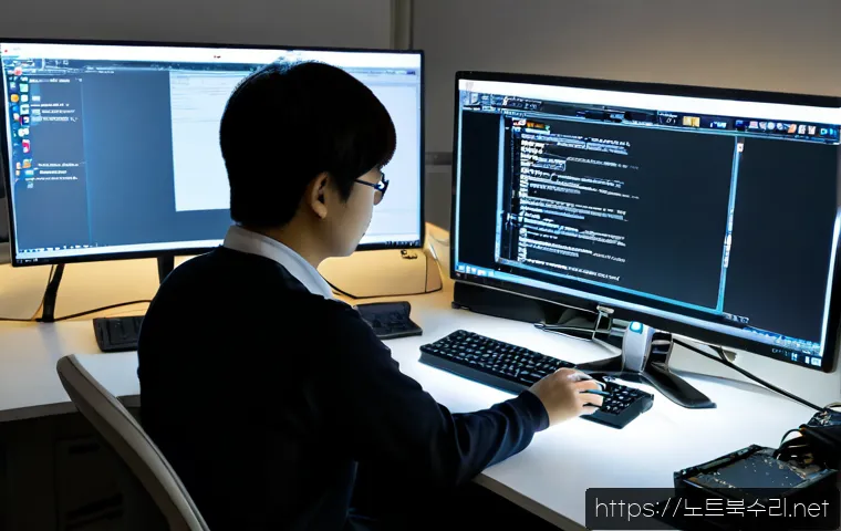 신평동 부팅불가 - Photorealistic remote-support workstation in a compact Sinpyeong-dong office, desktop PC halted on a...