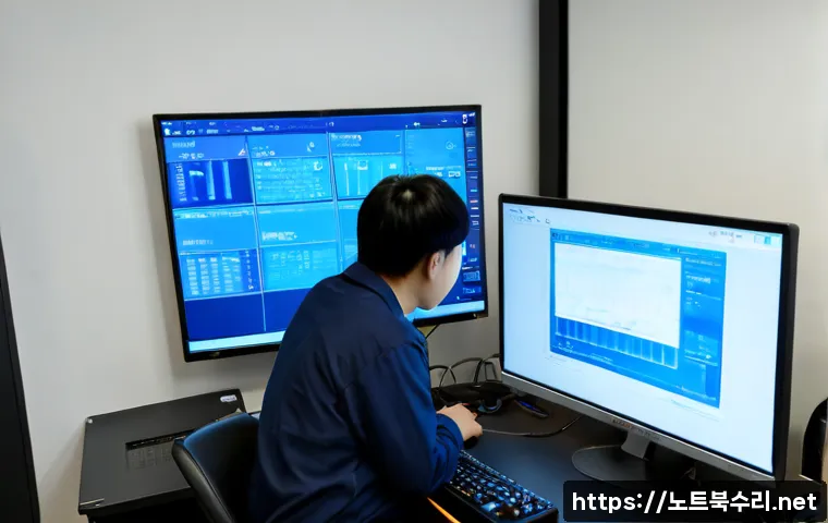 고천동 DPC_WATCHDOG_VIOLATION - Photorealistic IT support workstation in a compact Gocheon-dong office, dual monitors showing a froz...