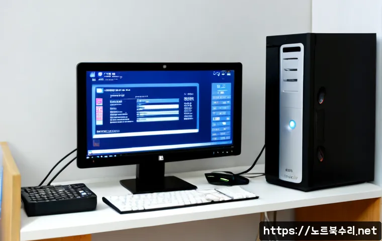 문학동 STATUS_DISK_FULL - Photorealistic remote-support workstation in a Munhak-dong apartment study, desktop computer showing...