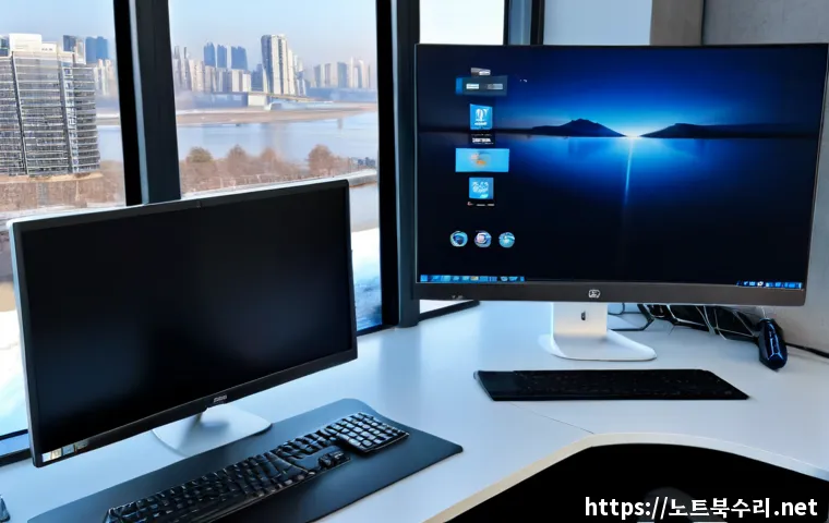 강일동 DRIVER_IRQL_NOT_LESS_OR_EQUAL - Photorealistic desktop support scene in a modern riverside apartment workspace, dual monitors showin...