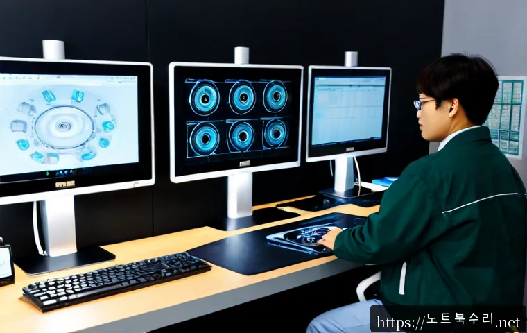 상대원동 KERNEL_STACK_INPAGE_ERROR - Photorealistic industrial design workstation in a compact Sangdaewon-dong manufacturing office, dual...