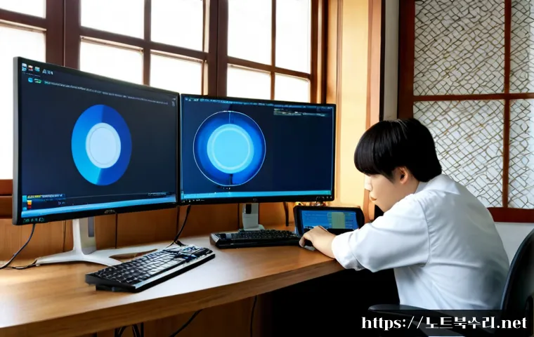운니동 IO_DEVICE_ERROR - Photorealistic IT support workstation in a quiet historic Seoul neighborhood office, dual monitors s...