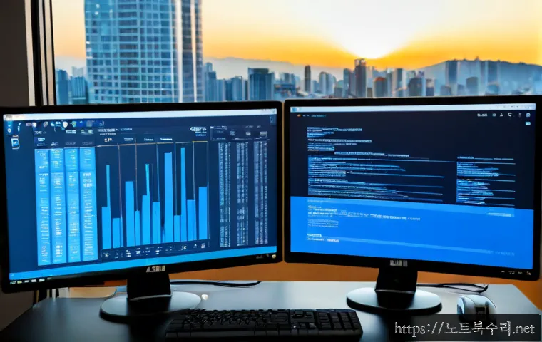 목동 STATUS_KERNEL_STACK_CORRUPTION - Photorealistic IT support workstation in a modern Mokdong apartment office, dual monitors showing ab...