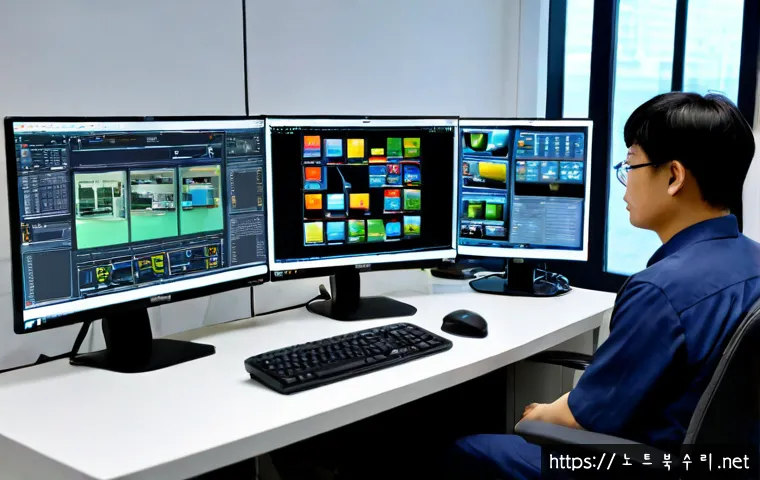 신모산동 DEVICE_DRIVER_MISMATCH - Photorealistic IT support workstation in a compact industrial office near a Korean port district, te...
