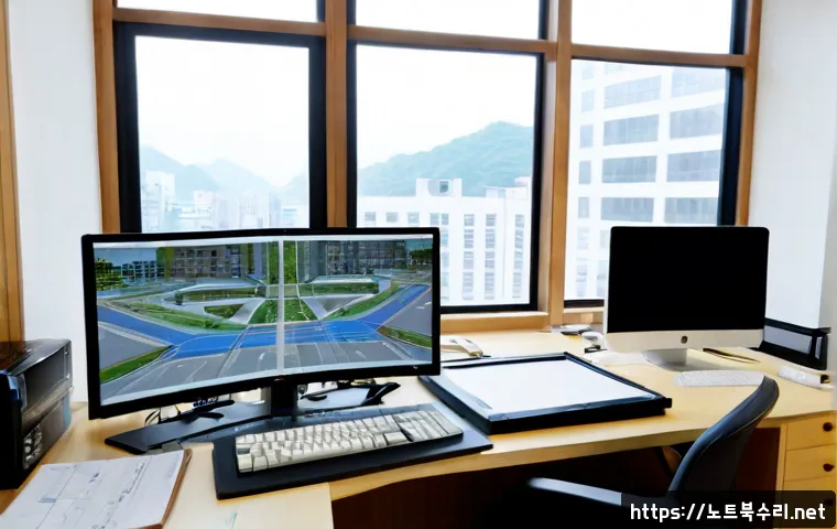 신문로 STATUS_NO_MEMORY - Photorealistic architectural workstation in a refined office near Sinmun-ro, Seoul, an urban planner...
