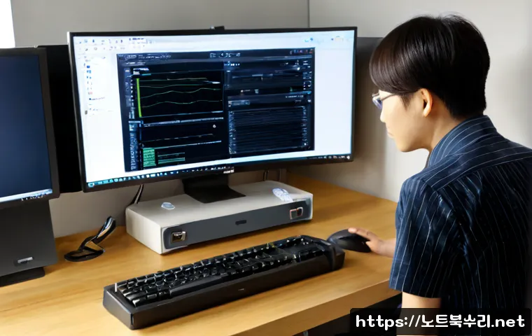 학온동 STATUS_FILE_CORRUPTION - Photorealistic IT support workstation in a compact Korean office, dual monitors showing a blank file...
