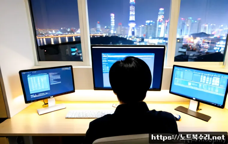 호평동 STATUS_KERNEL_CONFIGURATION_ERROR - Photorealistic IT support workstation in a compact Hopyeong-dong apartment office, dual monitors sho...