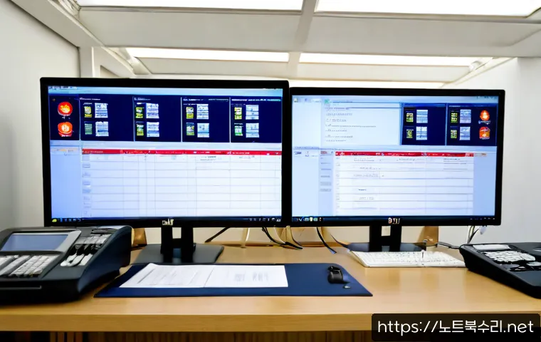 교산동 REGISTRY_ERROR - Photorealistic IT support workstation in a compact Korean municipal office, dual monitors showing a ...