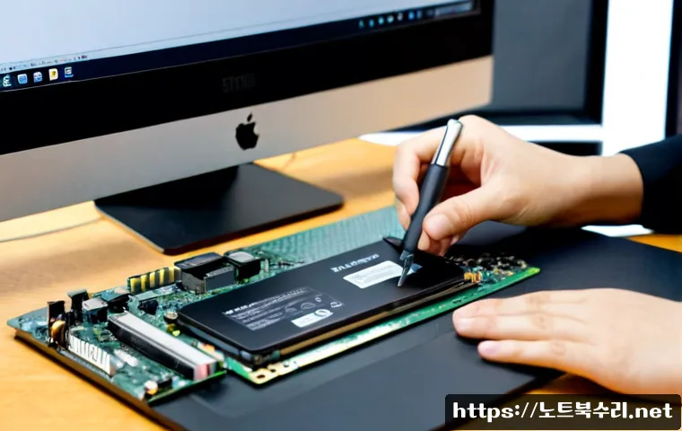 홍익동 SSD조립 및 교체수리 - Photorealistic computer repair workstation in a creative neighborhood studio, technician carefully i...