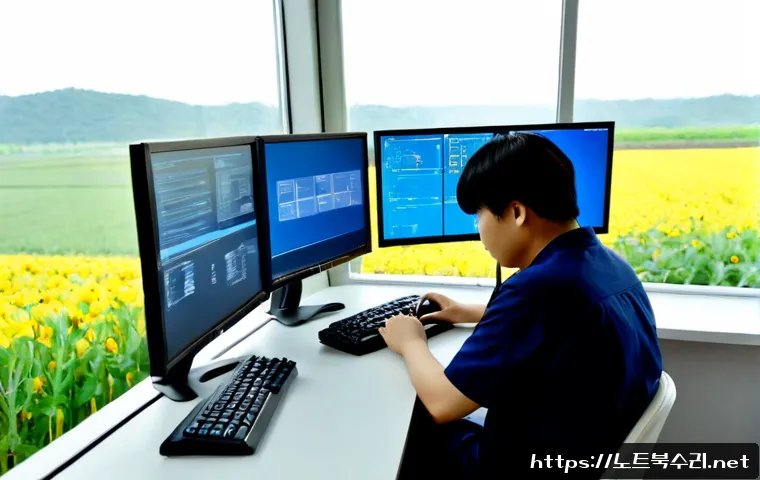 정남면 STATUS_PRIVILEGED_INSTRUCTION - Photorealistic IT support workstation in a quiet semi-rural industrial office, technician reviewing ...