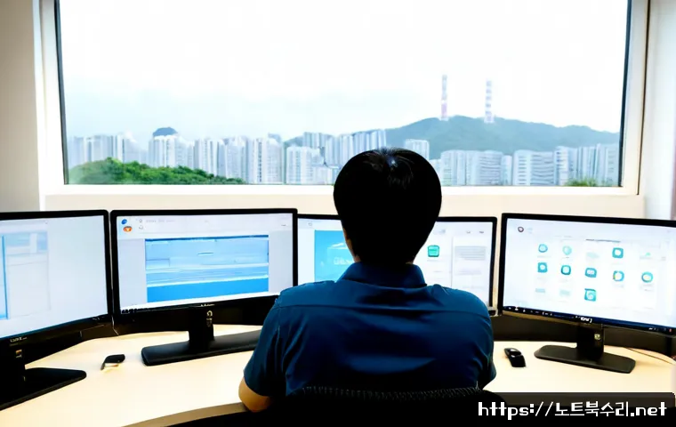오산시 자동복구 - Photorealistic remote-support workstation in Osan Segyo district, dual monitors showing an unbranded...