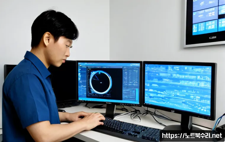 동부동 STATUS_KERNEL_MODULE_CORRUPTION - Photorealistic IT support workstation in a compact East District office, dual monitors showing a cle...