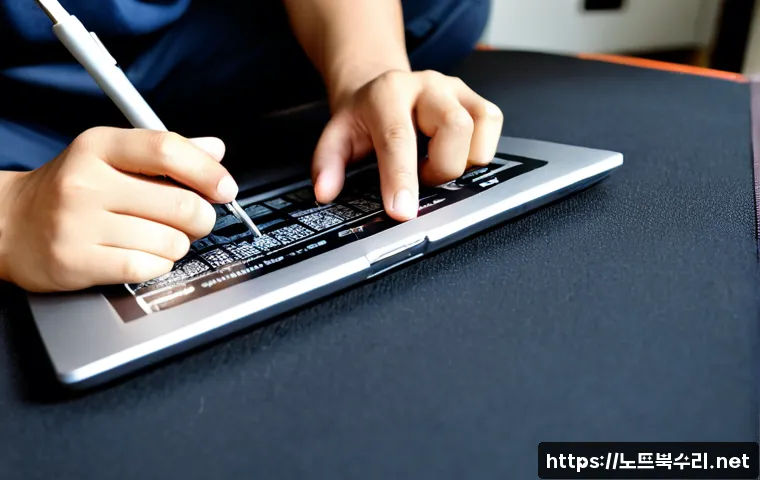 구래동 맥북에어 판매 및 수리 - Photorealistic electronics repair workshop in Gurae-dong, a slim silver ultrabook opened on an anti-...