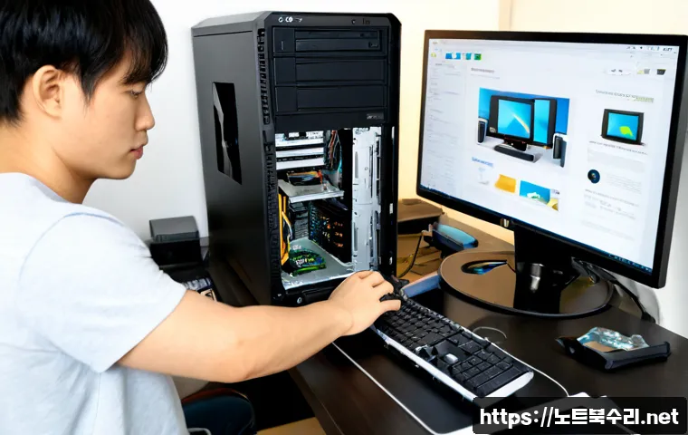서초구 컴퓨터 desktop 출장방문수리점 - Photorealistic desktop computer repair visit in a bright Seocho-gu apartment home office, technician...