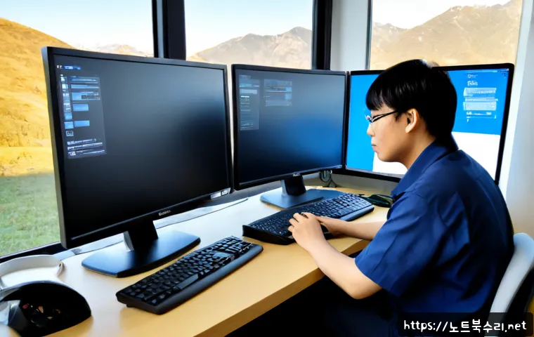 북면 STATUS_INVALID_DEVICE_REQUEST - Photorealistic IT support workstation in a quiet rural North Myeon office, technician examining a co...