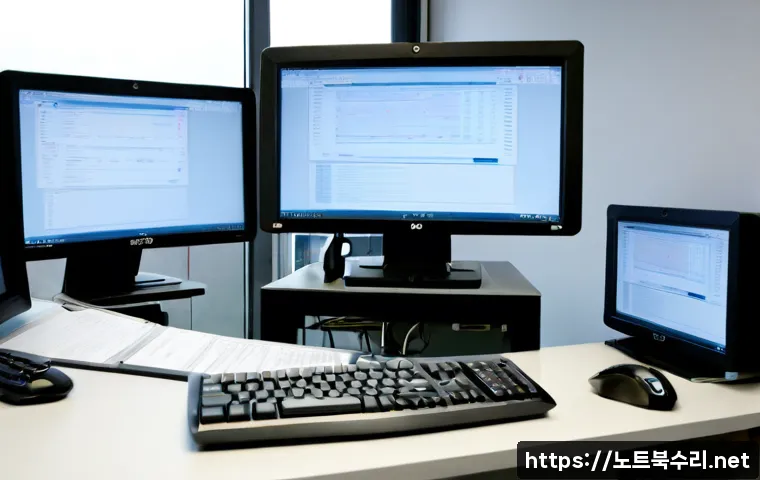 토정동 프로그램응답없음 - Photorealistic IT support workstation in a compact Mapo-area office, dual monitors showing a frozen ...