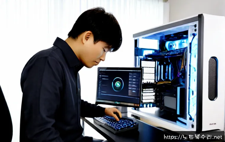 서현동 조립컴퓨터 pc 출장판매설치 - Photorealistic home office in Seohyeon-dong, technician carefully installing a newly assembled deskt...
