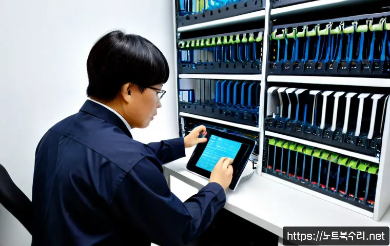 학의동 서버출장방문수리점 - Photorealistic server repair technician servicing a compact office rack in a modern Haguui-dong busi...