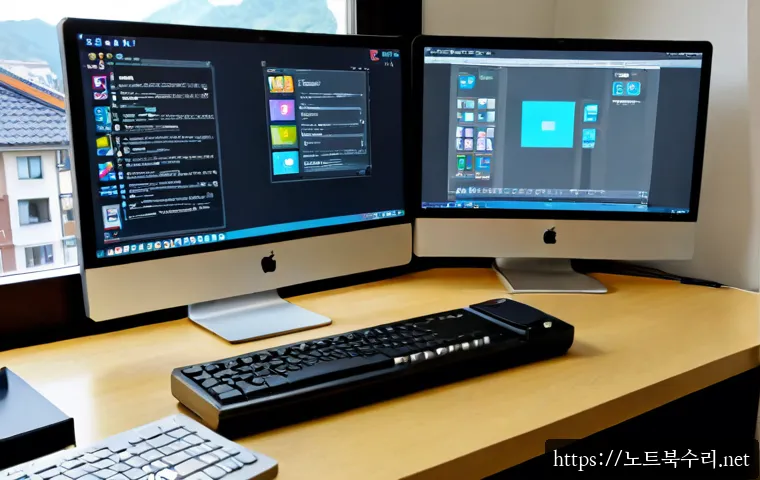 박촌동 STATUS_DISK_CORRUPTION - Photorealistic remote-support workstation in a quiet residential apartment, dual monitors showing a ...