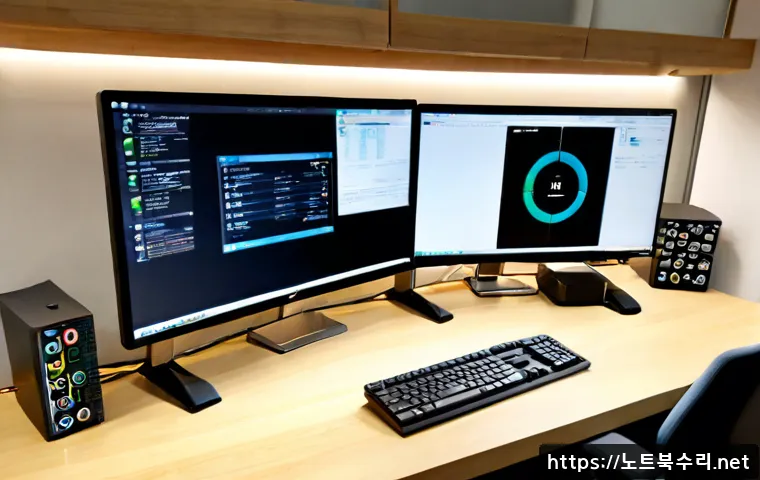 와룡동 STATUS_KERNEL_PERMISSION_DENIED - Photorealistic IT support workstation in a compact Waryong-dong office, dual monitors showing abstra...