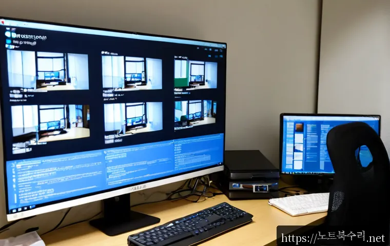 둔전동 POOL_CORRUPTION_IN_FILE_AREA - Photorealistic IT support workstation in a compact Dunjjeon-dong office, dual monitors showing abstr...