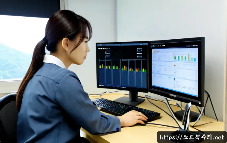 덕이동 STATUS_PAGE_FAULT - Photorealistic remote-support workstation in Deogi-dong, dual monitors showing a clean abstract syst...