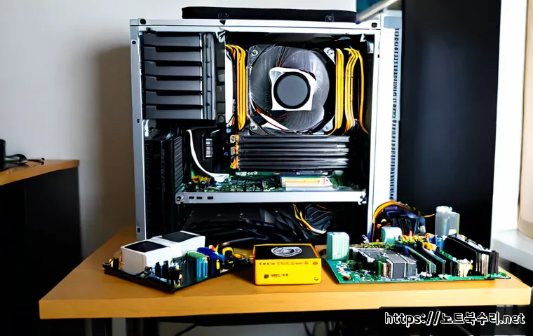 교산동 쿨러조립 및 교체수리 - Photorealistic desktop PC repair bench in a compact Gyosan-dong apartment workspace, technician care...