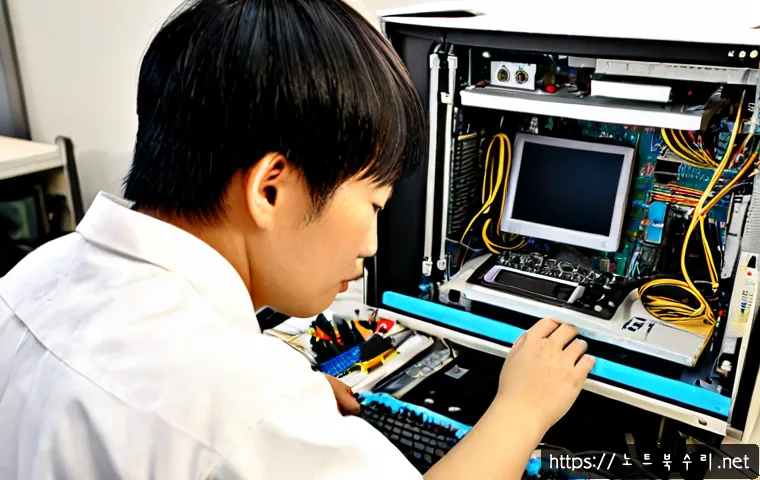 묵정동 HARDWARE_FAILURE - Photorealistic electronics repair workstation in a compact Mugyo-dong office building, desktop tower...