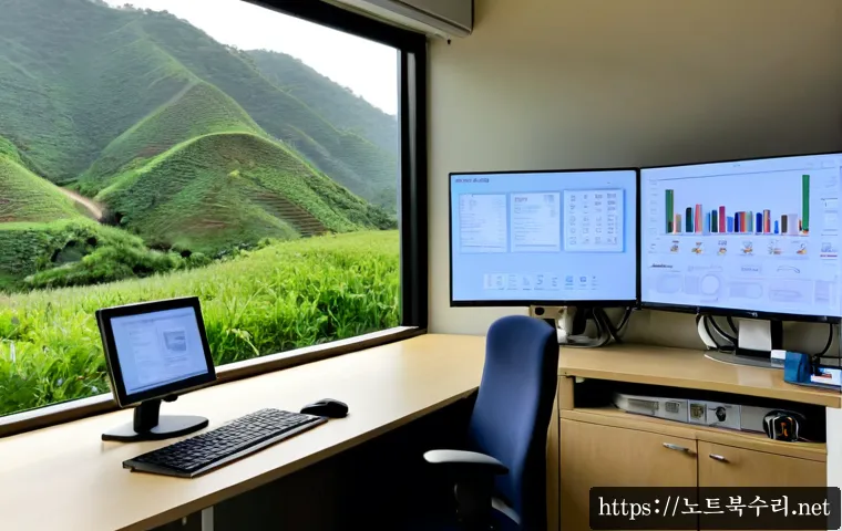 양평군 USER_MODE_HEALTH_MONITOR - Photorealistic remote health-monitoring workstation in a quiet riverside county office, dual widescr...