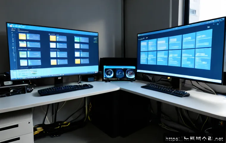 구로동 STATUS_SYSTEM_FILE_MISSING - Photorealistic IT support workstation in a modern Guro-dong tech office, dual monitors showing abstr...