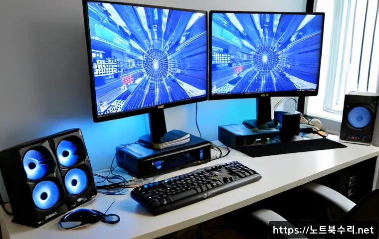 검단동 ACPI_BIOS_ERROR - Photorealistic PC repair workstation in a compact Geomdan-dong apartment office, dual monitors with ...
