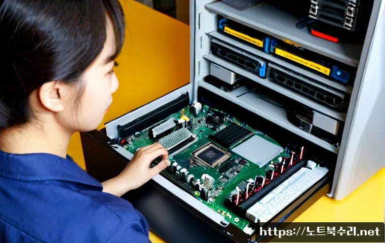망월동 메인보드조립 및 교체수리 - Photorealistic computer repair workstation in Mangwol-dong, technician carefully installing a new mo...