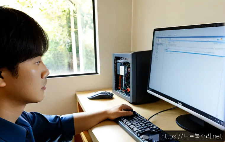 초평동 UNMOUNTABLE_BOOT_VOLUME - Photorealistic remote IT support workstation in a quiet Korean suburban office, dual monitors showin...