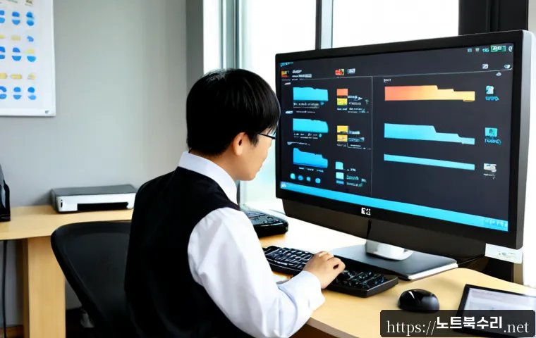 봉담읍 STATUS_IO_ERROR - Photorealistic IT support workstation in a modern office near a low-rise suburban district, technici...