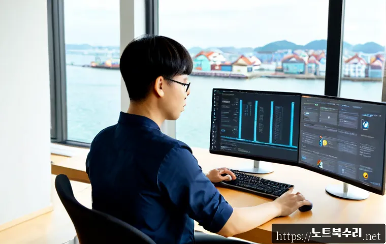 청라동 STATUS_CONTROL_C_EXIT - Photorealistic remote-support workstation in a bright modern apartment overlooking a calm planned wa...