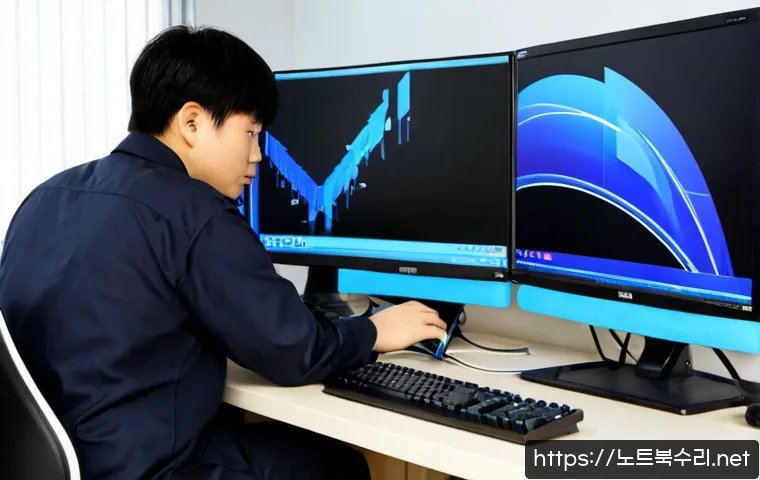 장당동 STATUS_KERNEL_INIT_FAILURE - Photorealistic IT support workstation in a quiet Jangdang-dong office, dual monitors showing a blank...